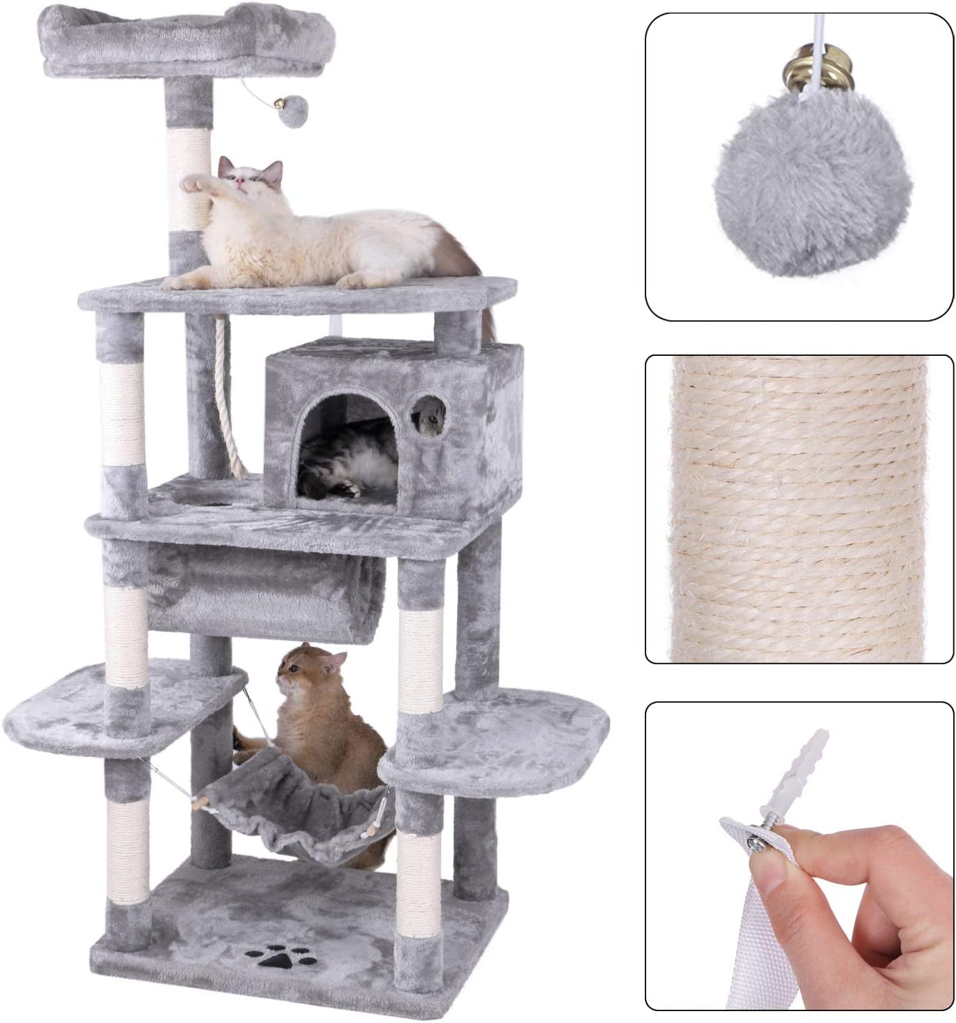 Cat Tree Condo Furniture Kitten Activity Tower Pet Kitty Play House with Scratching Posts Perch Hammock Tunnel MMJ02 (Light Grey)