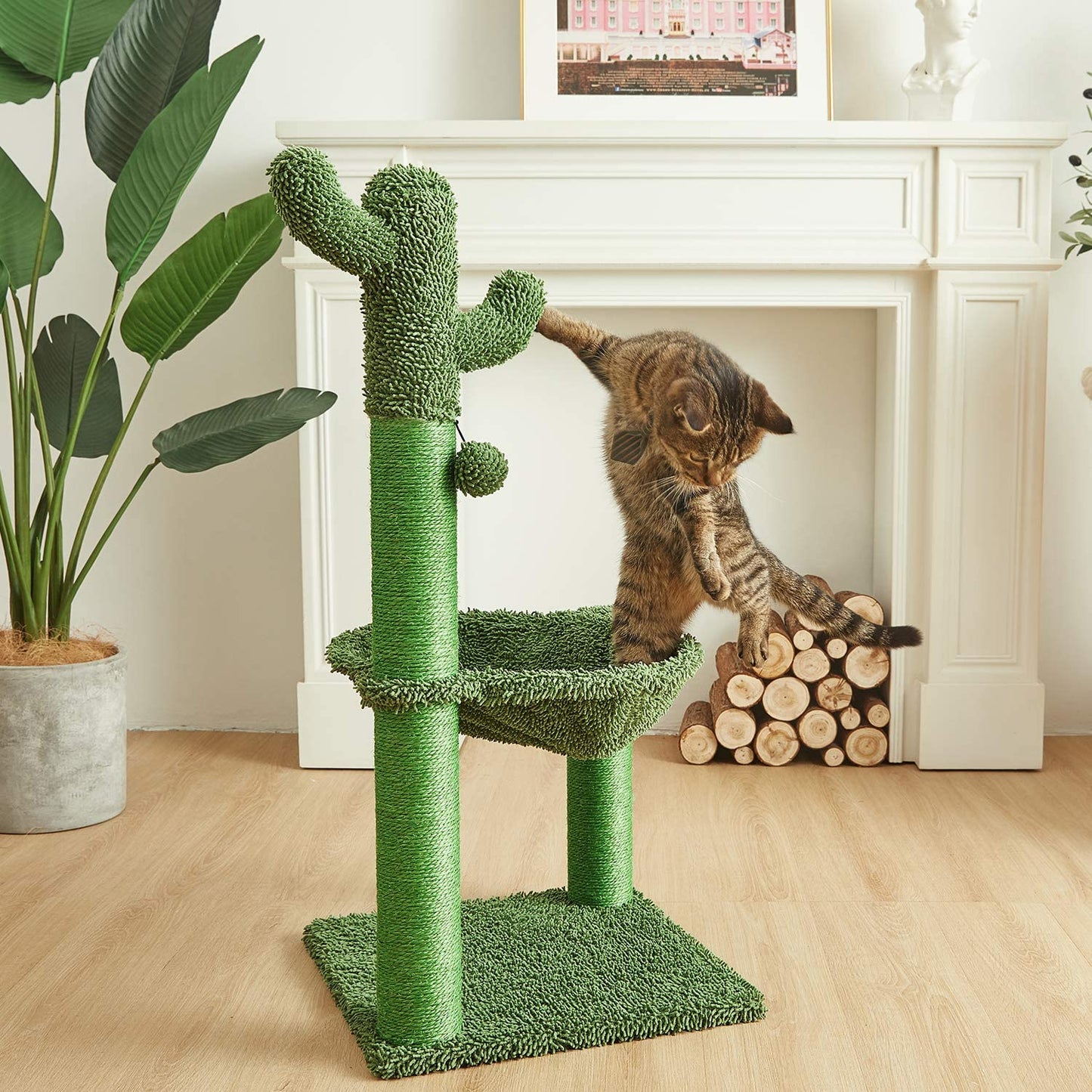 35 Inches Cactus Cat Tree with Hammock and Full Wrapped Sisal Scratching Post for Cats Green Large