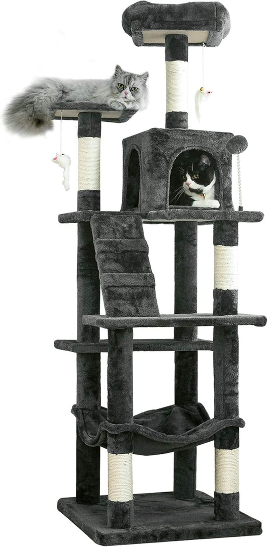 63.8 Inches Multi-Level Cat Tree for Large Cats with Sisal-Covered Scratching Posts, Padded Platform, Hammock and Condo,Stable Cat Tower Cat Condo Pet Play House-Smoky Gray