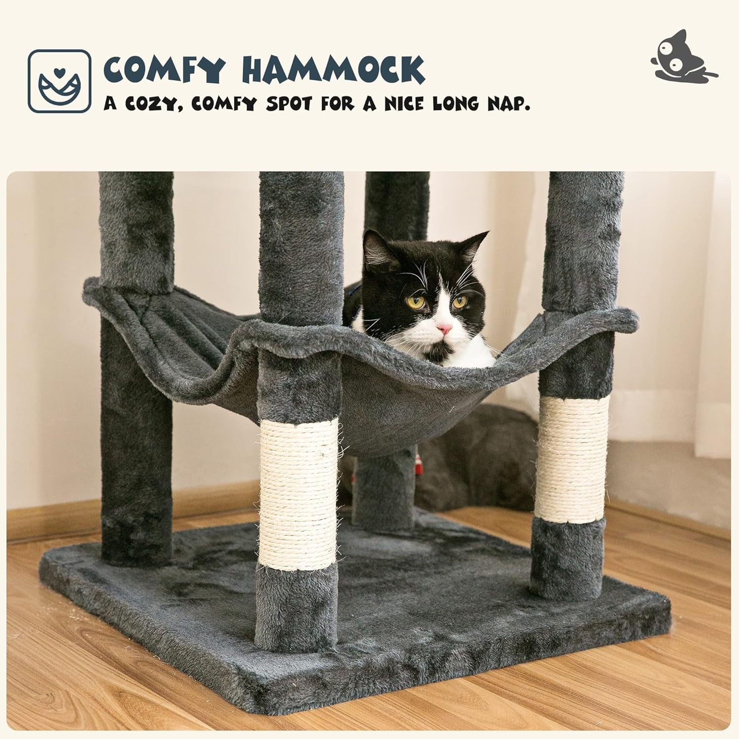 63.8 Inches Multi-Level Cat Tree for Large Cats with Sisal-Covered Scratching Posts, Padded Platform, Hammock and Condo,Stable Cat Tower Cat Condo Pet Play House-Smoky Gray