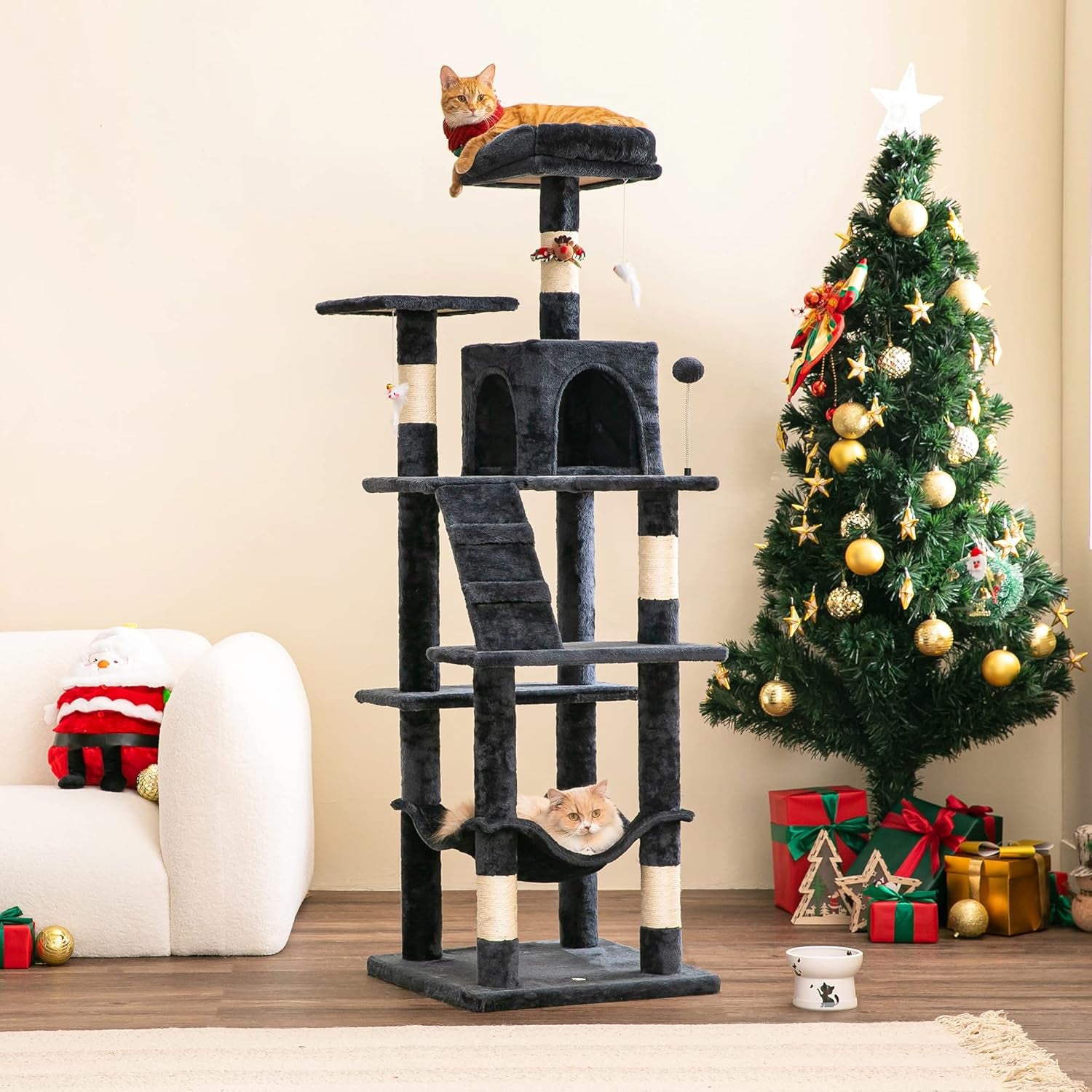 63.8 Inches Multi-Level Cat Tree for Large Cats with Sisal-Covered Scratching Posts, Padded Platform, Hammock and Condo,Stable Cat Tower Cat Condo Pet Play House-Smoky Gray