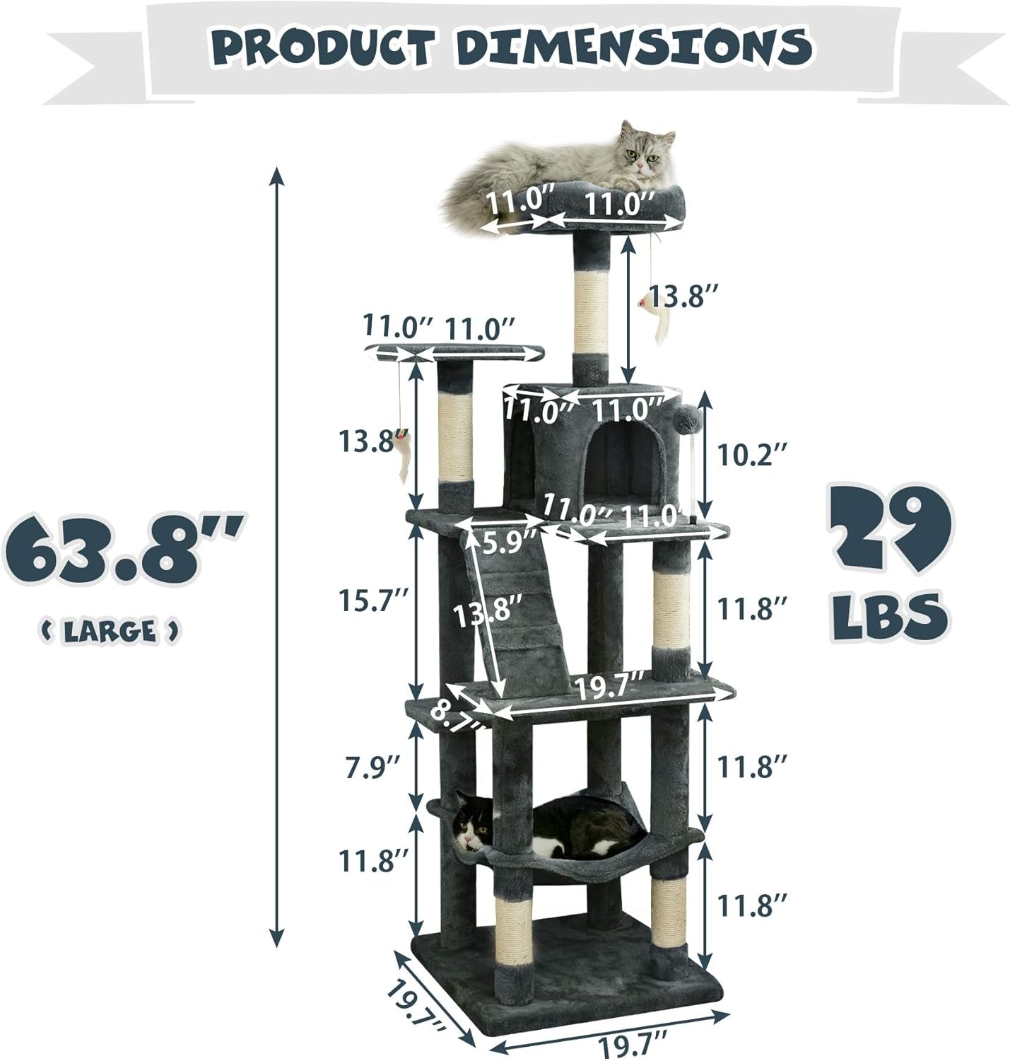 63.8 Inches Multi-Level Cat Tree for Large Cats with Sisal-Covered Scratching Posts, Padded Platform, Hammock and Condo,Stable Cat Tower Cat Condo Pet Play House-Smoky Gray