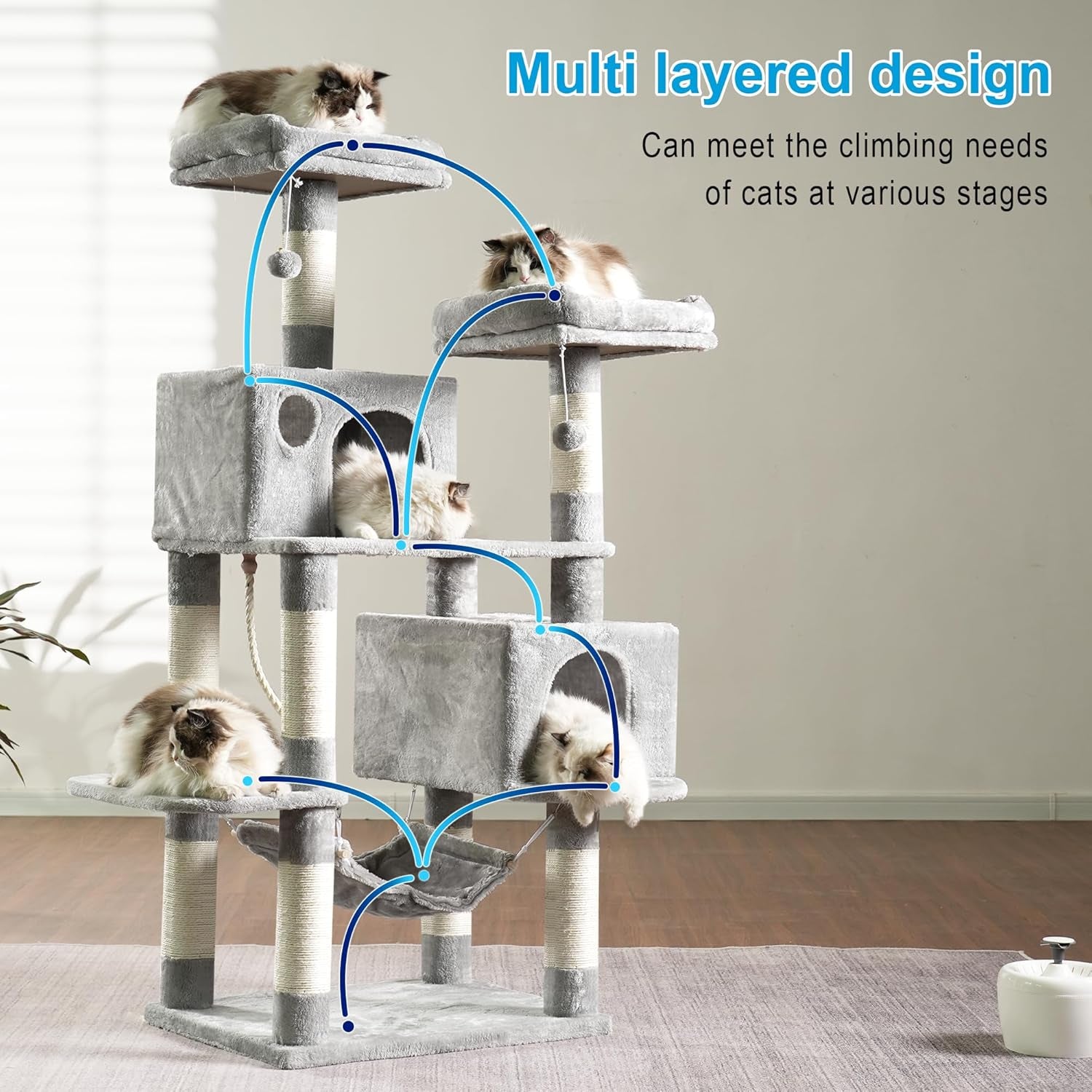 Large Multi-Level Cat Tree Condo Furniture with Sisal-Covered Scratching Posts, 2 Bigger Plush Condos, Perch Hammock for Kittens, Cats and Pets Light Gray MPJ020W