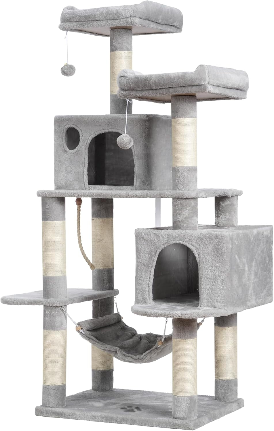 Large Multi-Level Cat Tree Condo Furniture with Sisal-Covered Scratching Posts, 2 Bigger Plush Condos, Perch Hammock for Kittens, Cats and Pets Light Gray MPJ020W