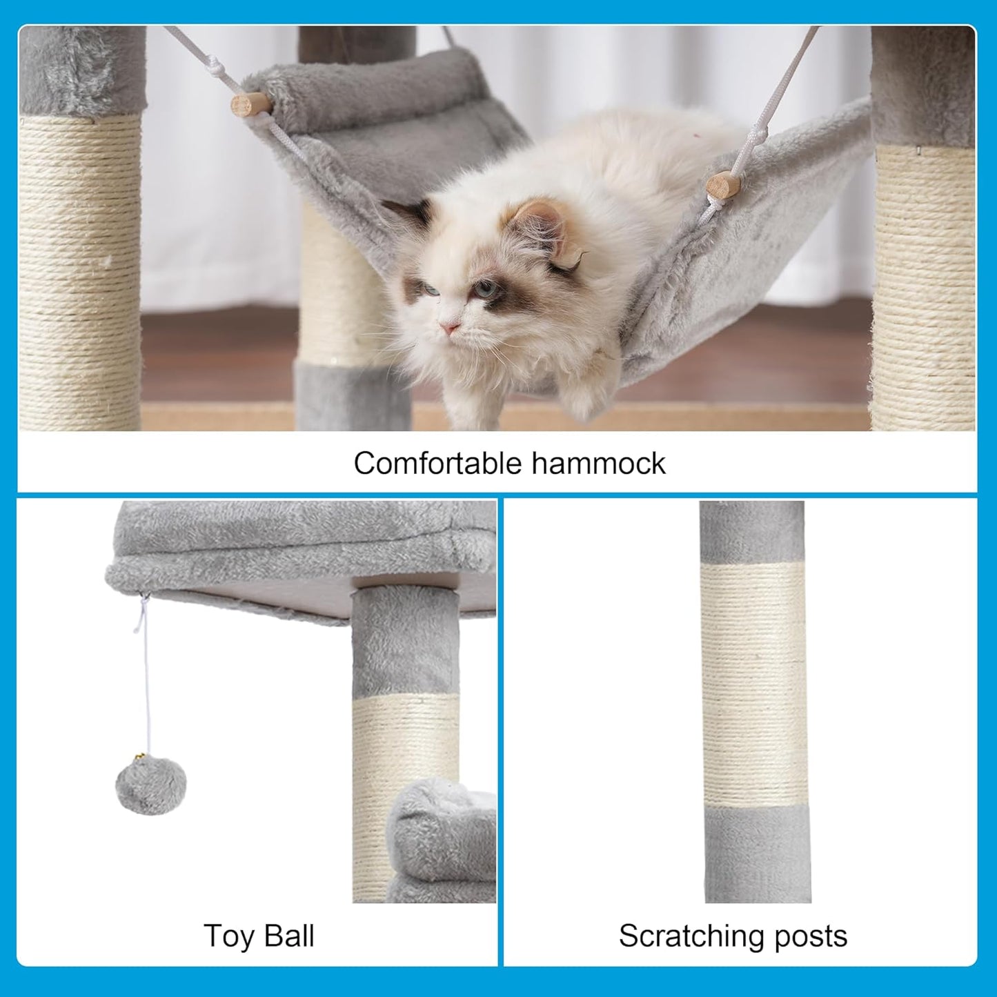 Large Multi-Level Cat Tree Condo Furniture with Sisal-Covered Scratching Posts, 2 Bigger Plush Condos, Perch Hammock for Kittens, Cats and Pets Light Gray MPJ020W