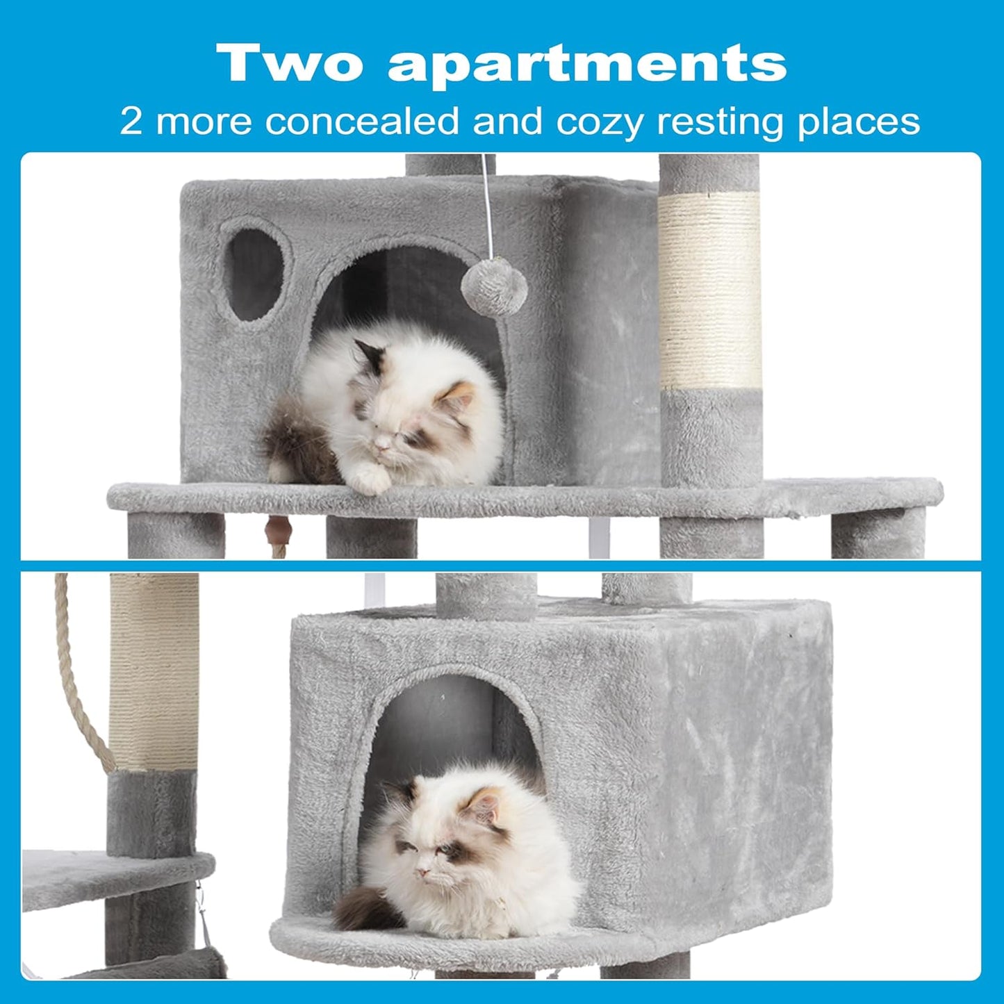 Large Multi-Level Cat Tree Condo Furniture with Sisal-Covered Scratching Posts, 2 Bigger Plush Condos, Perch Hammock for Kittens, Cats and Pets Light Gray MPJ020W