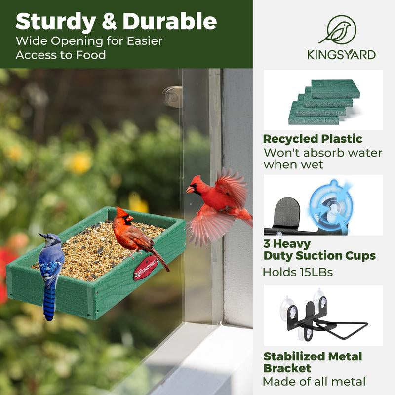 Kingsyard 3.5 Lbs Window Bird Feeder with Strong Suction Cups, Recycled Plastic Platform Bird Feeders with Metal Mesh Tray for Window Viewing, Ideal Gifts for Cat Dog & Bird Lovers