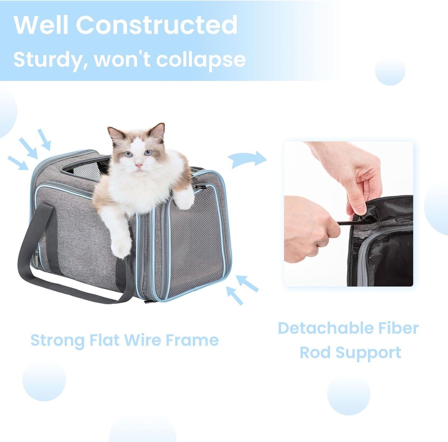 Expandable Cat Carriers Airline Approved, 16"X10"X9" Small Dog Carrier Soft-Sided Portable Washable Pet Travel Carrier with Two Extension for Kitten,Rabbit, Puppy, Small Animal