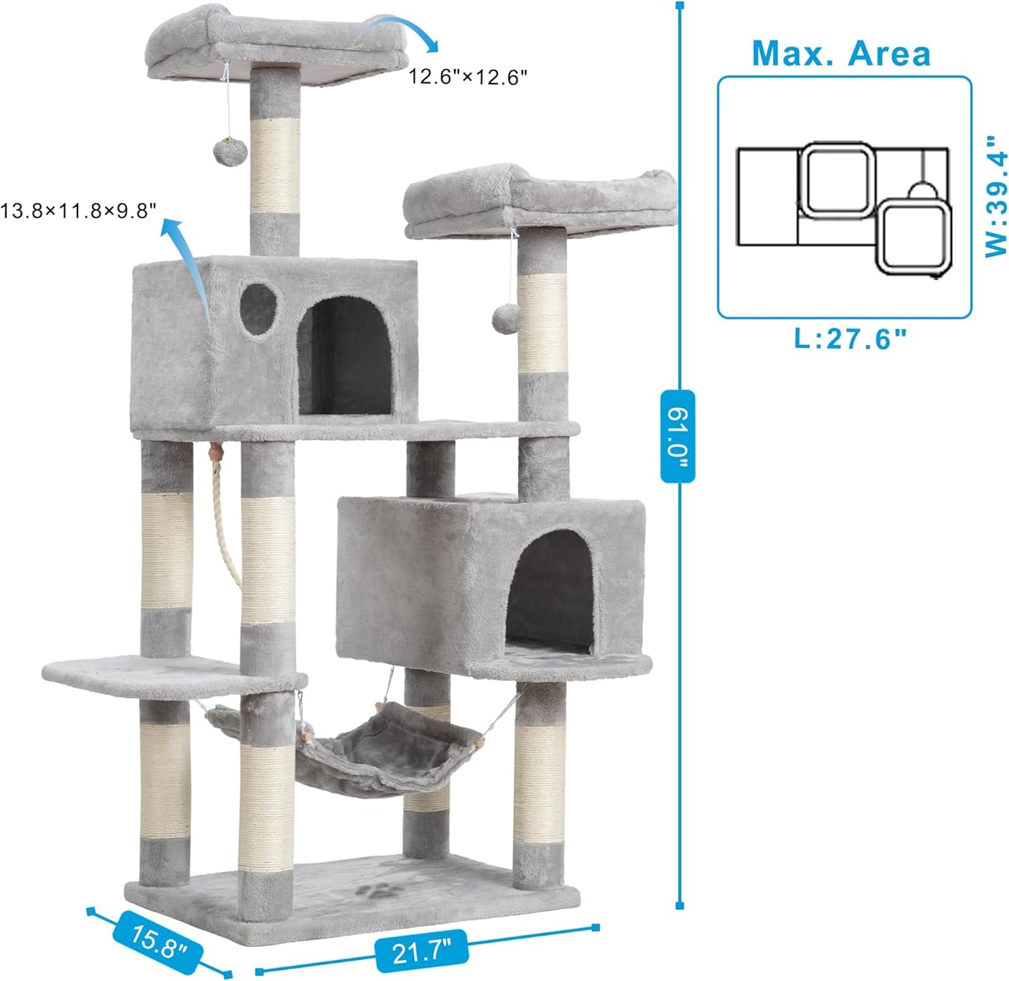 Large Multi-Level Cat Tree Condo Furniture with Sisal-Covered Scratching Posts, 2 Bigger Plush Condos, Perch Hammock for Kittens, Cats and Pets Light Gray MPJ020W