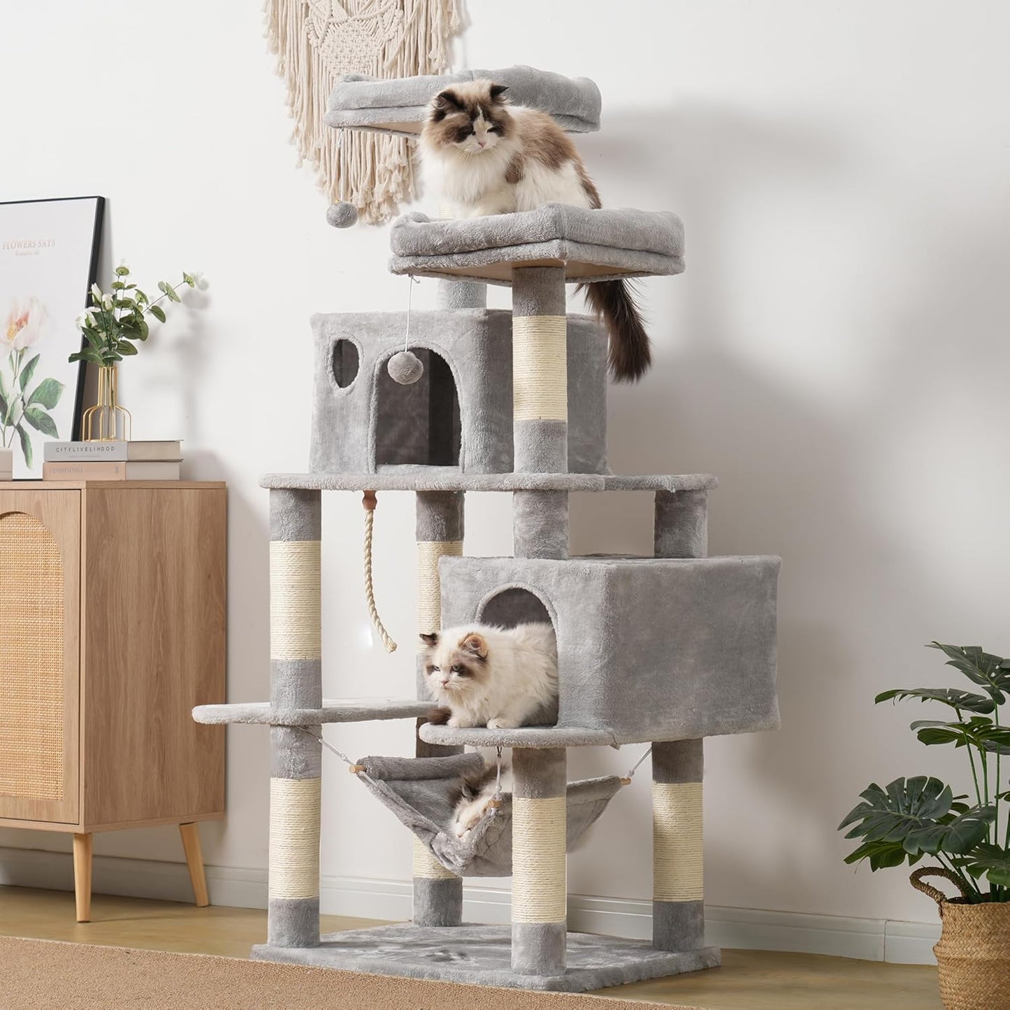 Large Multi-Level Cat Tree Condo Furniture with Sisal-Covered Scratching Posts, 2 Bigger Plush Condos, Perch Hammock for Kittens, Cats and Pets Light Gray MPJ020W